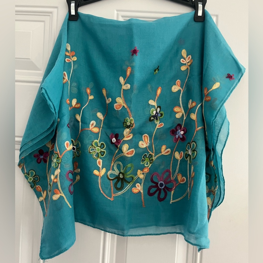 Floral Embroidered Teal Scarf from Budapest NWOT